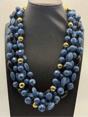 Vintage Signed Monet Blue Multi Strand Beaded Necklace Gold Tone Statement